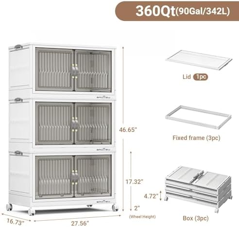 BROVIEW 360Qt Stackable Storage Bins with Lid, Extra Large Closet Organizer Collapsible Drawer Boxes with Wheels, Folding Plastic Cabinet Containers for Home Kitchen Room Organization, 3Pack White - Image 2