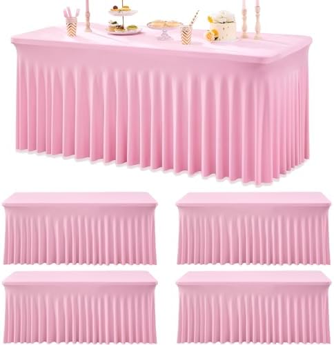 4pk Spandex Tablecloths for 6 Foot Rectangle Tables, Pink Stretch Table Cloth 6ft Fitted Table Cover Desk Skirt for Parties Weddings Birthday Banquet Baby Shower by Htper