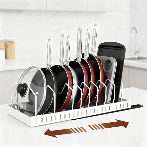 2 Pcs Pots and Pans Organizer Under Cabinet - Expandable Pull Out Cabinet Organizer for Pots and Pans, Pan and Lid Organizers Inside Cabinet, Adjustable Storage Rack, Carbon Steel (White) - Image 2