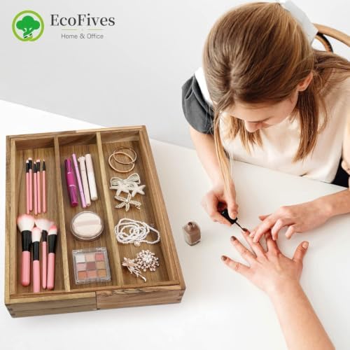 EcoFives Luxury Acacia Silverware Organizer -Kitchen Drawer Organizer - Utensil Holder and Cutlery Organizer with Grooved Drawer Dividers for Flatware and Kitchen Utensils (5 Slot) - Image 3