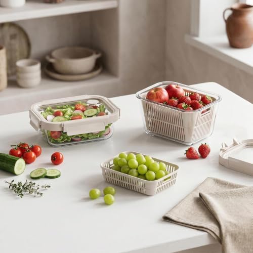 GENICOOK Glass Fruit Storage Containers for Fridge, 2 Pack Produce Containers with Removable Colanders & Vent Glass Lids, Airtight Fruit & Vegetable Storage, BPA Free Borosilicate Glass - Image 2