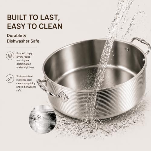 Inqibee 7 QT Stainless Steel Braiser Rondeau Pot with Lid, Riveted Handle - Image 4