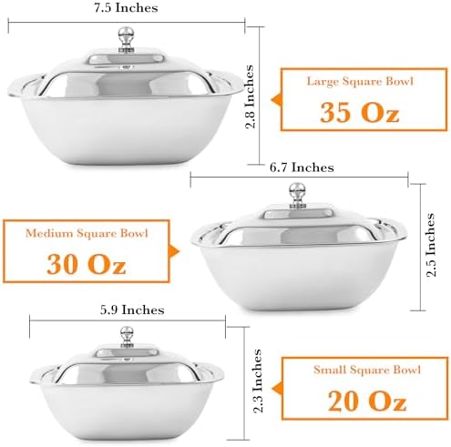 CRAFTONE Stainless Steel Square Mixing Bowls Set of 3 with Lid, Ideal for Baking & Serving Salad, Rice, Desert, Food Storage Bowl Set (20 Oz, 30 Oz and 35 Oz) - Image 2