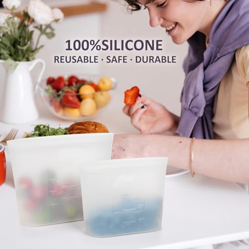 8-Pack Reusable Silicone Food Storage Bags, 100% Silicone Stand-Up Wide-Open Zip-Lock Reusable Storage Bags for Food, Freezer Microwave Oven Dishwasher Safe, Translucent, 4S 4XS - Image 2