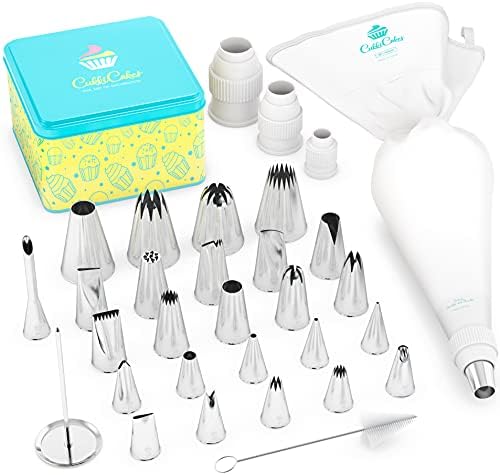 Professional Icing Tips Set (31pcs): Reusable Pastry Bag + 26 Extra Large Piping Tips + 3 couplers, for Decorating Cupcakes, Cakes & Churros - Piping Nozzles Kit Made in Korea & Japan by CukkiCakes