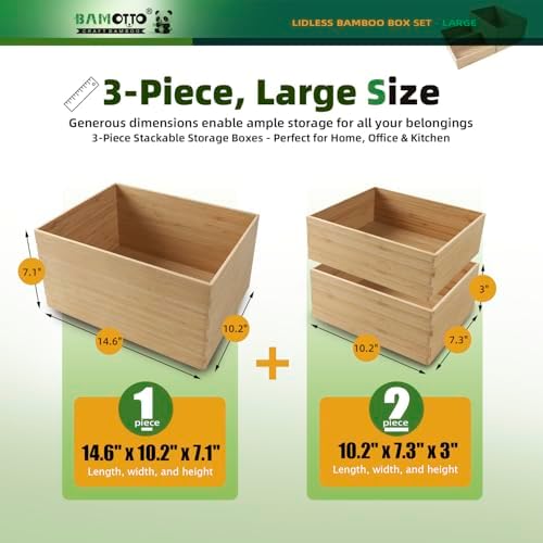 BAMOTTO CRAFTBAMBOO 3-Piece Bamboo Storage Box Set Stackable Organizer - Image 2