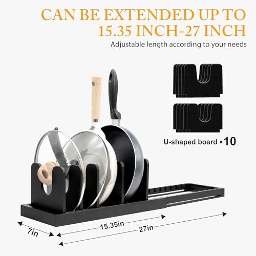 MinBoo Bamboo Expandable Pot Lid Organizer, Pot and Pan Organizer Drawer Organizer for Pot Lids, Adjustable 10 U-Shaped Dividers for Kitchen Cabinet Organizers and Storage,Black - Image 3