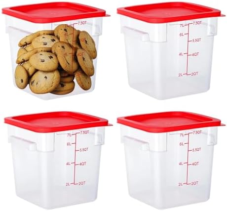 BIEAMA 4 Pack 8 Qt Square Food Storage Containers with Lids, NSF, Clear | Commercial polycarbonate containers with scale markings and handles; stackable for prep, brining, fermentation & bulk storage by BIEAMA