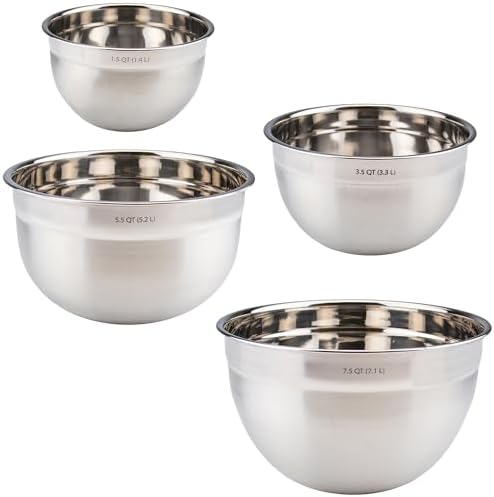 Tovolo Stainless Steel Mixing Bowls Set of 4 Small Medium Large XL Metal Bowl Set for Cooking Baking Prep, Dishwasher Safe Nesting Mixing Bowls Set, Freezer Storage and Mixer Safe Heavy Duty Bowls by Tovolo