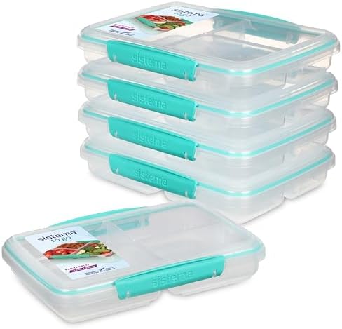 Sistema to Go 820mL Multi-Split Meal & Food Prep Containers, 5-Pack, Freezer, Microwave, & Dishwasher-Safe, BPA-Free by Sistema