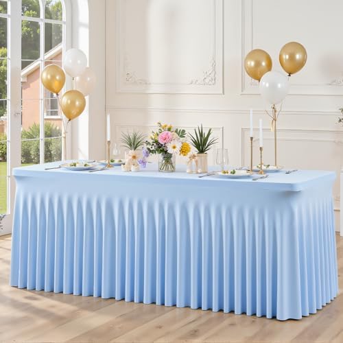 6 Pack Baby Blue Spandex Tablecloths for Rectangle Tables 6 Foot Blue Stretch Table Cloth Rectangle 6ft Elastic Fitted Table Cover with Skirt for Wedding Baby Shower Boy Birthday Party Banquet Buffet - Image 2