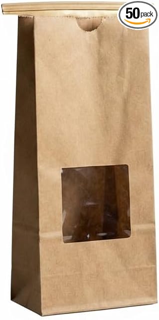 AwePackage Compostable Natural Kraft Paper Tin Tie Bag with Window (50, 14-16 oz) by Awe+Package