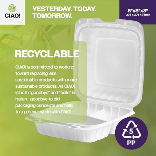 CIAO! 8"x8"x3" MFPP White Hinged Container With Lid 3 Compartment (Case of 200) - Image 3
