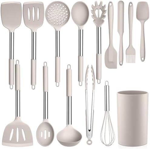 LIANYU 15 Pcs Cooking Utensils Set, Silicone Kitchen Tools with Holder | Heat Resistant, Kitchen Gadgets with Stainless Steel Handle, Brush Spatula Spoon Whisk for Cookware, Dishwasher Safe, Khaki by LIANYU