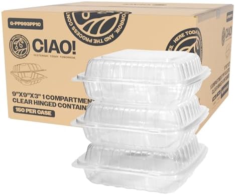 CIAO! 9"x9"x3" 1 Compartment PP Plastic Clear Hinged Container for Take Out (Case of 150) by Ciao