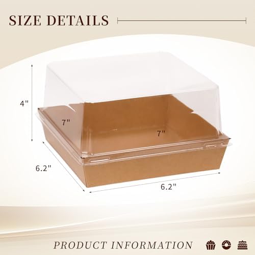 7 x 7 x 4 Inches Paper Cake Boxes with Clear Lids, 50 Pack Brown Charcuterie Boxes Large Square Food Containers, Disposable Bakery Boxes for Valentine's Day 4-6 Inch Bundt Cake, Pie, Dessert - Image 2