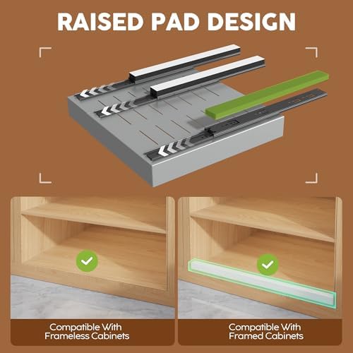 Seinloes 2 Pack Expandable Pull Out Cabinet Organizer 21" Deep with Raising Pad for Framed Cabinets,Upgrade 3 Slide Rails Slide Out Drawers,Roll Out Shelves Adhesive,Adjustable Width 9"-14.1" Silver - Image 3