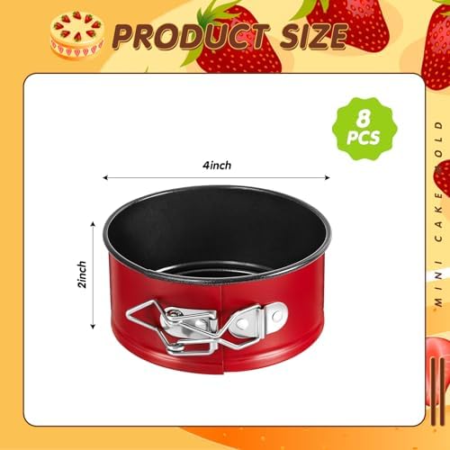 Sunnyray 8 Pcs 4 Inch Springform Pans Mini Cheesecake, Red | Removable Bottom Leakproof, Ideal for Cheesecakes Pizza Quiche Tarts, Nonstick Spring Form Baking Easy Release Round Molds - Image 2