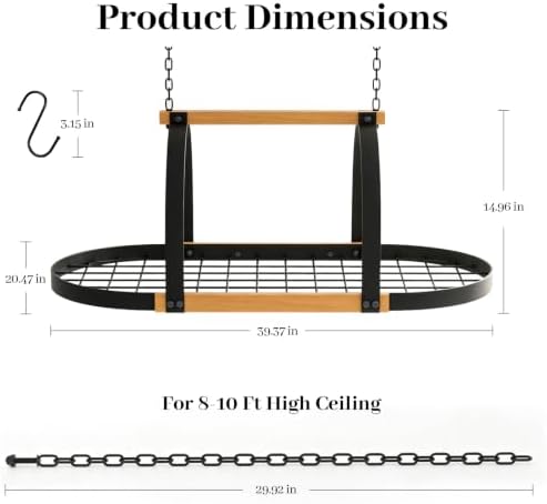 39-Inch Heavy Duty Hanging Pot Rack, Ceiling Mount, 130 lb Capacity | Heavy duty pot rack hanging with 20 hooks and large mesh shelf for organizing cookware in kitchens and kitchen islands. - Image 2