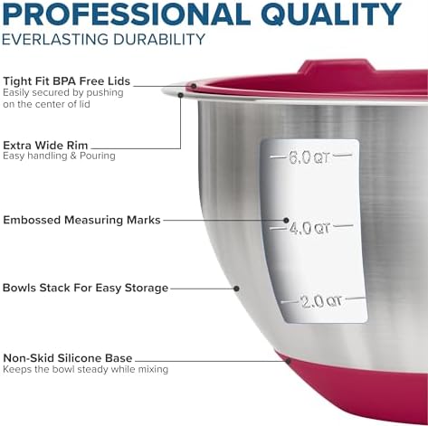 Viking Mixing Bowls Set, 10 Piece Stainless Steel Kitchen Cookware, Non-Slip Silicone Base, Includes Tight Fit Lids, Dishwasher Safe, Red - Image 3