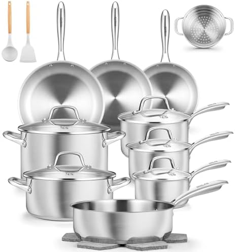 KOCH SYSTEME CS Stainless Steel Cookware Set 21 Piece with 5-Layer Base, Professional 18/10 Stianless Steel Pots and Pans Set, Oven&Dishwasher Safe, Non Toxic, Induction Kitchen Cooking Sets, 21PCS by KOCHSYSTEMECS