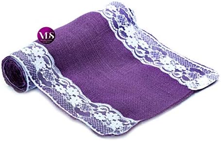 VDS Pack of 5, Burlap Table Runner with White Lace Edge, 100% Natural Jute Rustic Hessian Table Cloth Centerpiece for Wedding Birthday Party Banquet Table Decoration (Size 12X108 Inch)(Lavender) - Image 3