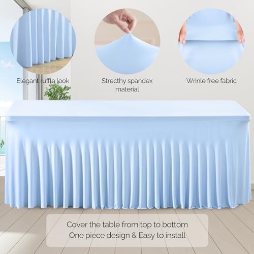 Wish Care 2 Pack Baby Blue Stretch Spandex Table Clothes for 4 Foot Rectangle Tables, 4FT Wrinkle Free Fitted Tablecloths Ruffles Design Table Cover for Party, Banquet, Wedding and Events - Image 2