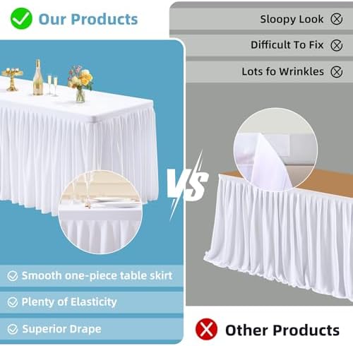 PARTISKY 2 Pack White Tablecloths for Rectangle Tables 6ft, Wrinkle Resistant White Table Cover Fitted Stretch Table Cloth with Pleated Ruffle Skirts for Party Banquet Dining Birthday Wedding - Image 2
