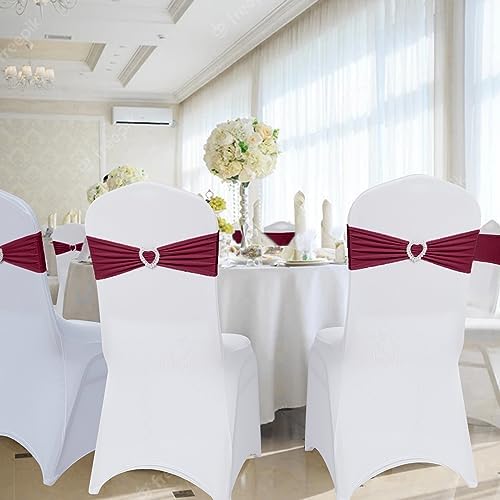 Pack of 60 Spandex Chair Sashes Bows Stretch Cover Band with Buckle Slider Universal Elastic Chair Ties for Wedding Banquet Party Event Decoration (Burgundy) - Image 6