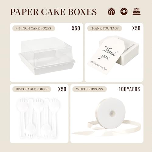 7 x 7 x 4 Inches Paper Cake Boxes with Clear Lids, 50 Pack White Large Charcuterie Square Food Containers, Valentine's Day Disposable Bakery Boxes for 4-6 Inch Bundt Cake, Pie, Dessert - Image 3