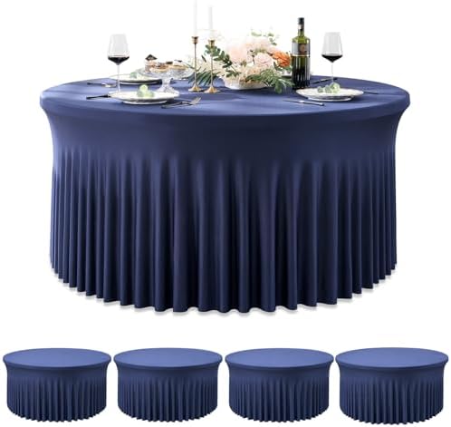 Outpain 4 Pack Spandex Navy Blue Round Tablecloths for 60in Tables, 120Inch Stretchy Fitted 5FT Round Table Clothes,Wrinkle Free Table Cover with Skirt for Wedding Party Dining Banquet by Outpain