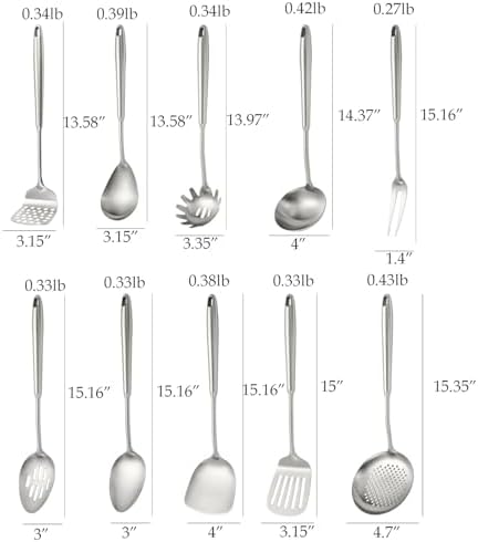 10 PCS Stainless Steel Kitchen Utensil Set Cooking Utensils, Potato Masher Solid Spoon Slotted Spoon Fork Spatula Ladle Skimmer Spoon Slotted Spatula Tunner Spaghetti Spoon Large Spoon - Image 6