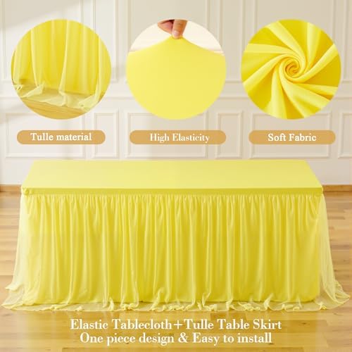4 Pack Yellow Tulle Tablecloth for 6 Foot Rectangular Tables 6ft Yellow Rectangle Table Cloths Wrinkle Free Table Cover with Tutu Skirt for Birthday Cocktail Banquet Buffet Lemon Fruit Party Decor - Image 6