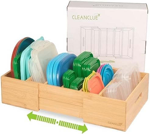 Expandable Bamboo Kitchen Cabinet Organizer for Food Container Lids Holder | Adjustable drawer organizer with 3 dividers for food container lids, bamboo lid organizer for kitchen cabinet lid storage by cleanclue