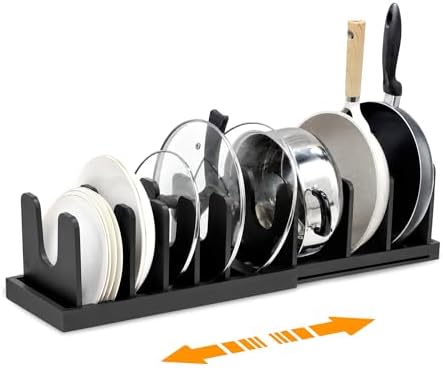 MinBoo Bamboo Expandable Pot Lid Organizer, Pot and Pan Organizer Drawer Organizer for Pot Lids, Adjustable 10 U-Shaped Dividers for Kitchen Cabinet Organizers and Storage,Black by MinBoo