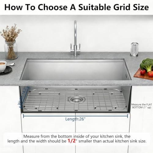 AWOKE Sink Rack for Bottom of Sink (26 x 14.2 Inch), Center Drain Sink Protectors for Kitchen Sink, Stainless Steel Heavy Duty Metal Wire Grate for Single Bowl Farmhouse Sink Bottom,Soft Rubber Feet - Image 4