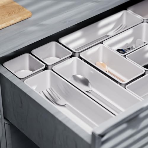 Cetomo 14 Pcs Drawer Organiser Set, Plastic Storage Drawer Organizer, Drawer Dividers, Adjustable and Expandable, Container Tray for Kitchen Utensils, Cosmetic, Makeup, Gadgets, White, 4 Size-14 Pack - Image 5