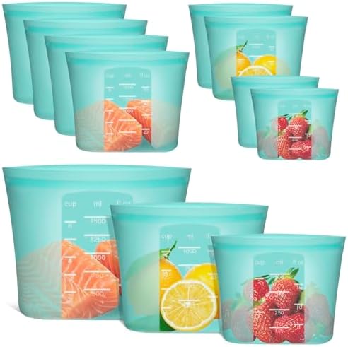 Reusable Food Bags, 8 Pack 100% Silicone Food Storage Bags Stand Up Zip Lock Container, Freezer Microwave Oven Dishwasher Safe, 4 Medium 2 Small 2 Extra Small, Aqua by Annaklin