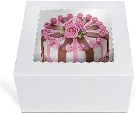 O'CREME White Square Cake Box 8 x 8 x 5 Inch, with Scalloped Window, Kraft Paperboard Bakery Box with Auto-Popup Window - Pack of 25 by OCreme
