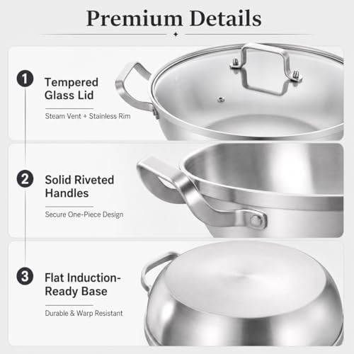 DELARLO Tri-Ply Stainless Steel Hot Pot 13 inch Everyday pan With lid,5QT - Image 5