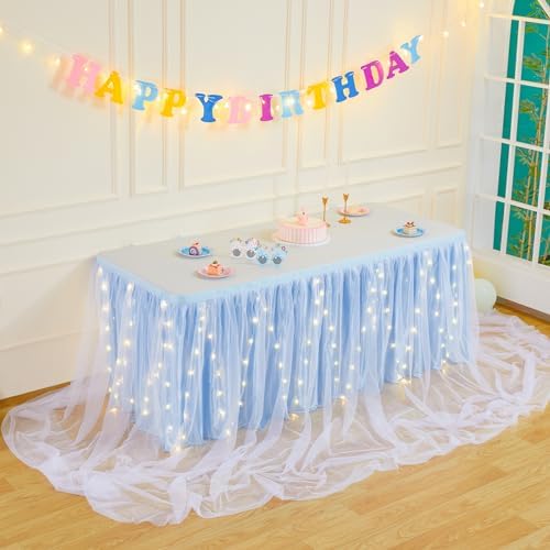 PARTISKY Blue Tulle Tutu Table Skirt for Rectangle Tables or Round Tables,Led Light String Table Cloth for Boys Girls Baby Shower Baby Shark Themed Party Dessert/Cake Tables - Image 4