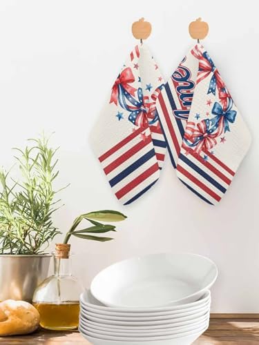Independence Day Dish Towels Set, Waffle Weave Kitchen Towels 2 Pieces, Patriotic USA Flag Bow Wreath Striped Microfiber Hair Face Bath Tea Towel Absorbent Quick Drying Cleaning Dish Cloths, 12"x12" - Image 2