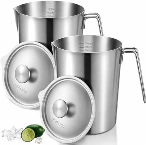 2 Pcs 32 oz Stainless Steel Pitcher with Lid (4 Cup, 1000 Ml) by Acellegic