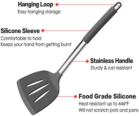 LIANYU 15-Piece Cooking Kitchen Utensils Set with Holder | Silicone Kitchen Tools Stainless Steel Handle, Slotted Spatula Spoon Turner Tong Whisk Brush for Cooking, Gray - Image 3