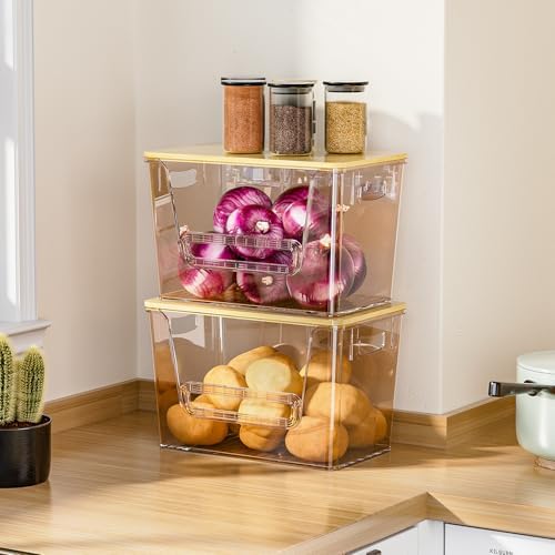 Delamu 2 Set Pantry Organizers and Storage,Trash Bag Dispenser with Bamboo Top,Stackable Trash Bag Dispenser Under Sink Organizer for 4-30 GalBags,Onion,Potato,Fruits,Amber(11-7/32"L*7" W*7-1/8"H) - Image 2