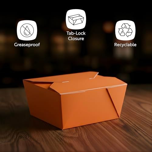 Restaurantware Bio Tek 30 Ounce Take Out Boxes 50 To Go Lunch Boxes - Tab-Lock Closure Heat-Tolerant Orange Paper Disposable Lunch Boxes Greaseproof For Hot And Cold Foods - Image 4