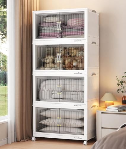 BROVIEW 320Qt Stackable Storage Bins with Lid, Extra Large Closet Organizer Collapsible Drawer Boxes with Wheels, Folding Plastic Cabinet Containers for Home Kitchen Room Organization, 4Pack White by BROVIEW-EnjoytheArtofLife