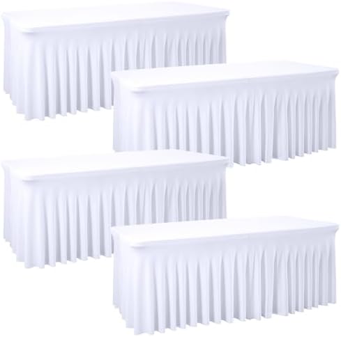PARTISKY 4 Pack White Spandex Table Cloths for Rectangle Tables 6ft, White Table Skirt for Party, Table Cover with Skirt for Wedding Folding Table Banquet Baby Shower & Birthday Parties by Partisky