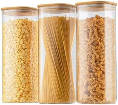 D2scrma 71oz Glass Square Storage Containers with Bamboo Lids Set of 3 (2100ml) Tall Food Storage Canisters Kitchen Jars for Pantry Organization Pasta, Penne, Macaroni, Lasagna, Fusilli by Delicatedtoservicecustomer