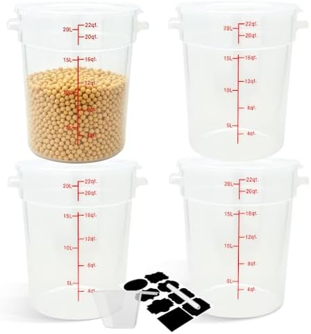 BIEAMA 4 Pack 22 Qt Round Food Storage Containers with Lids, Translucent PP | Include lids, labels, measuring cups and containers with capacity markings for food prep, pantry storage and dough proofing. by BIEAMA